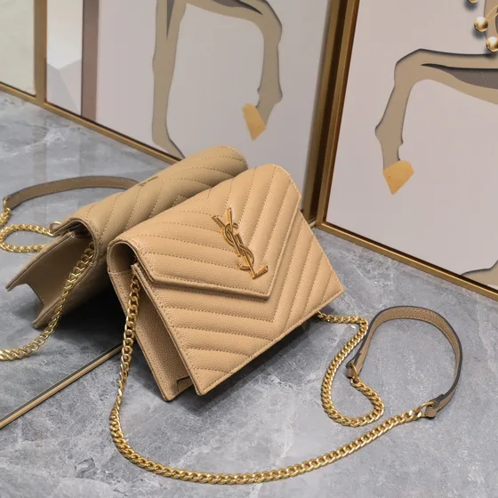 YSL Cassandre Envelope Chain Wallet Beige Woc