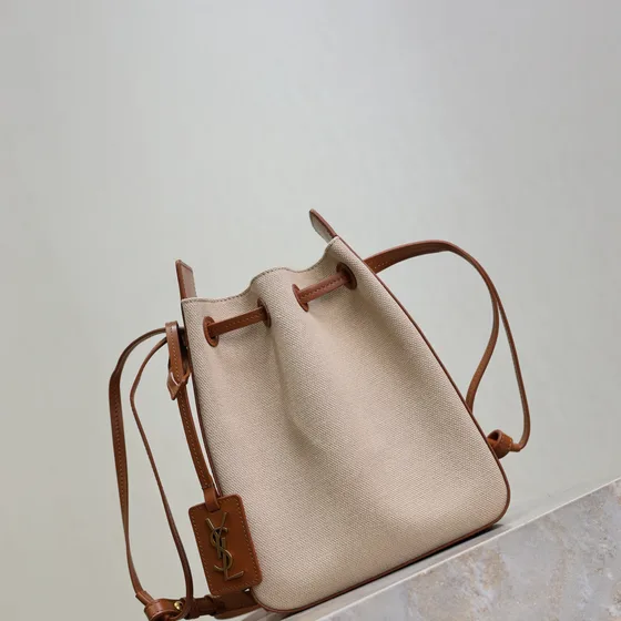 YSL Ysl Mini Canvas Bucket Bag Beige Brown Shoulder Bag
