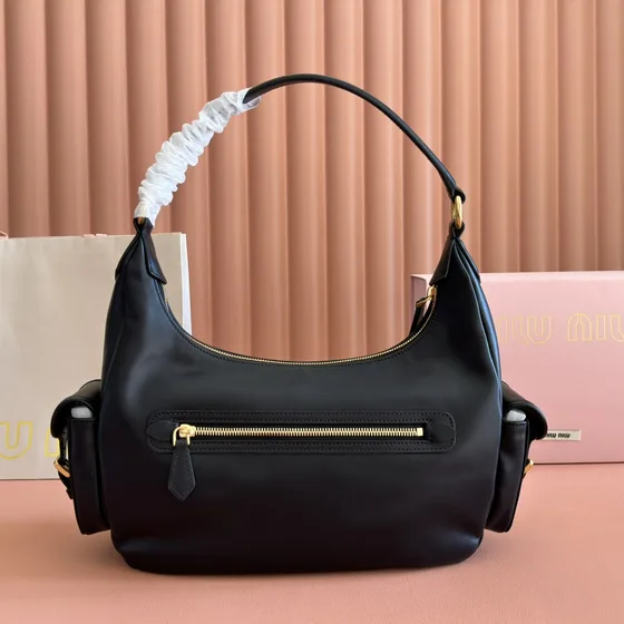 Miu Miu Leather Pocket Hobo Bag Black Hobo