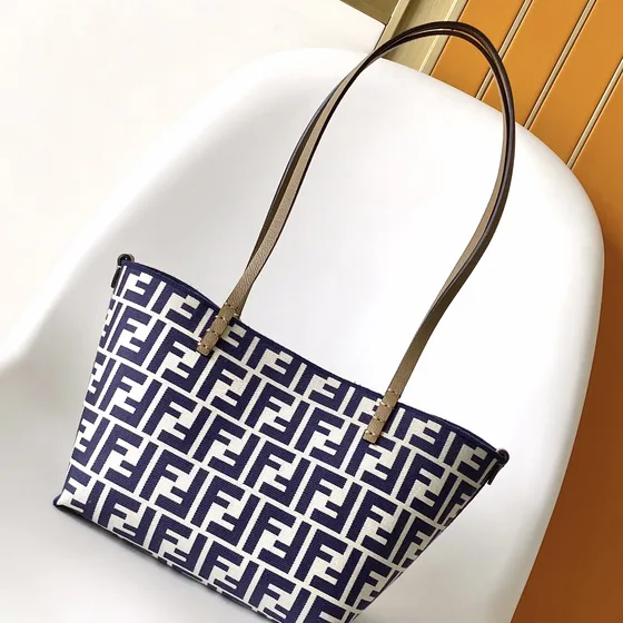Fendi Roll Large Reversible Tote White And Navy Blue Tote Bag
