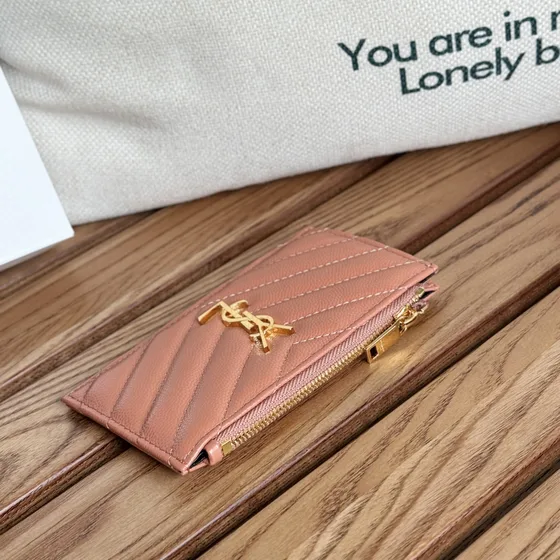 YSL Cassandre Matelassé Fragments Zipper Card Case Peach Rose Card Holder