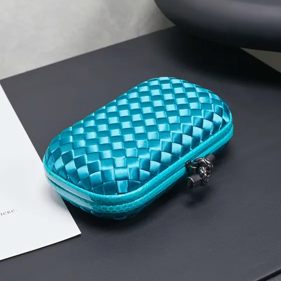 Bottega Veneta Intreccio Satin Knot Clutch Teal Clutch