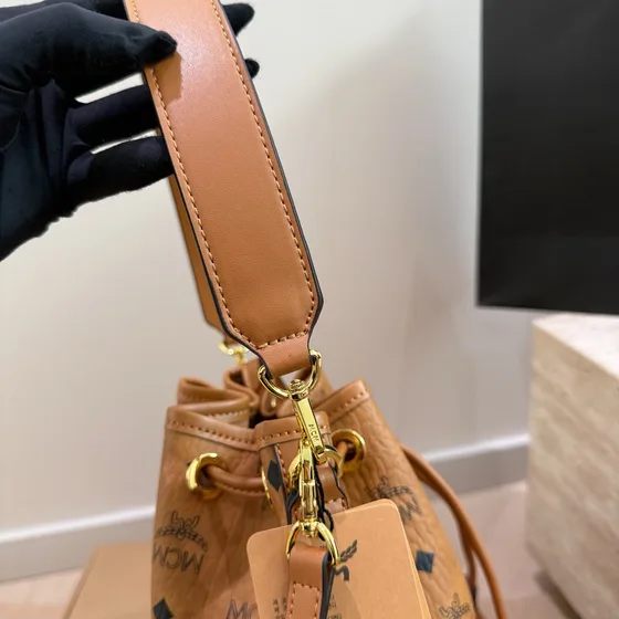 MCM Aren Drawstring Bucket Bag Cognac Crossbody