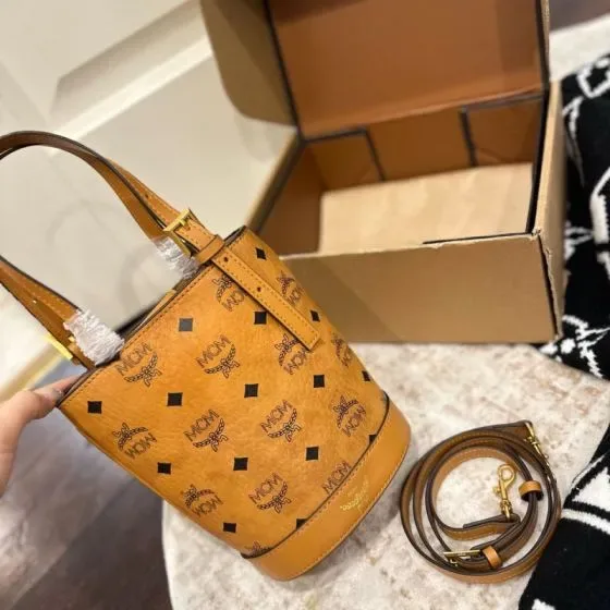 MCM Aren Mini Bucket Bag In Visetos Cognac Brown Crossbody Shoulder Bag