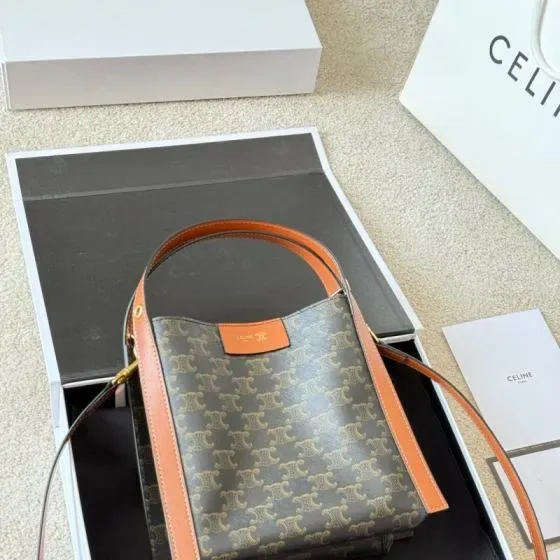 Celine Bucket 16 Bag Tan Triomphe Canvas With Brown Leather T Shoulder Bag