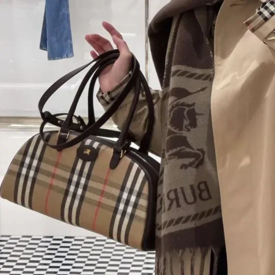 Burberry Vintage Check Large Bowling Bag Beige Brown Shoulder Bag