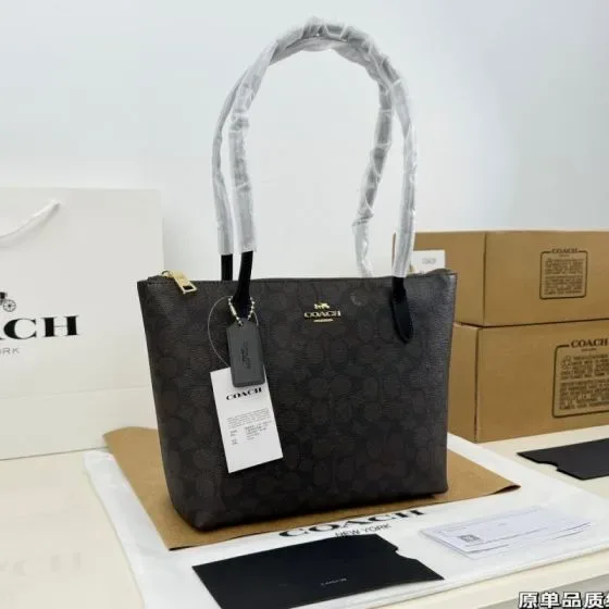 Coach Zip Top Tote In Signature Canvas Brown Black Tote Bag