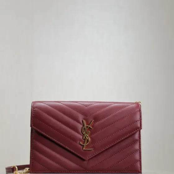 YSL Cassandre Matelass Envelope Chain Wallet Burgundy Woc