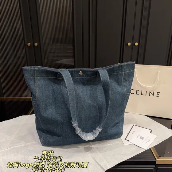 Celine Triomphe Denim Tote Denim สีฟ้า 35*35cm Tote Bag