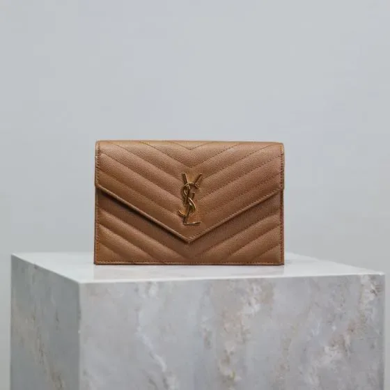 YSL Cassandre Matelass Envelope Wallet On Chain Tan Gold Woc