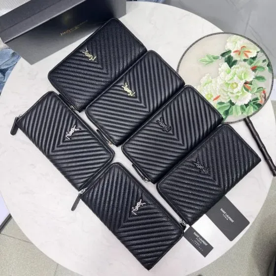 YSL Cassandre Matelass Chevron Zip Around Wallet Black Wallet