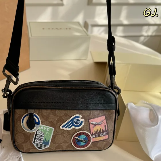 Coach Graham Crossbody In Signature Canvas With Travel Patches Khaki Black Crossbody