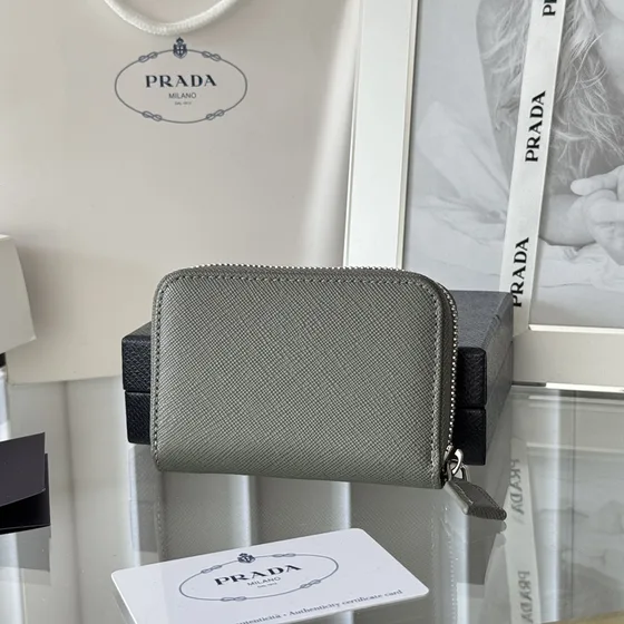 Prada Saffiano Triangle Logo Zip Card Holder Gray Card Holder