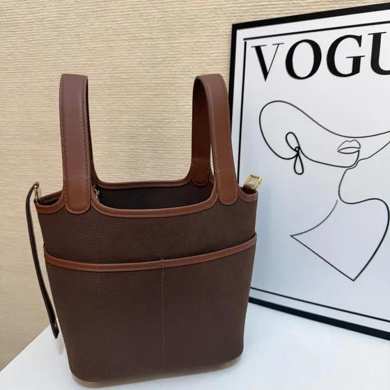 Hermes Cabas H En Biais Tote Bag Coklat Tote Bag