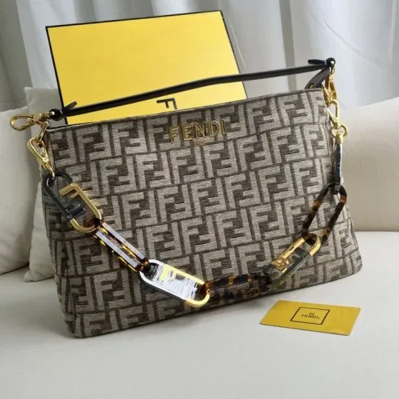 Fendi O Lock Beige Brown Shoulder Bag