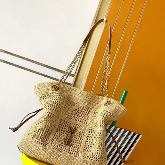 YSL Teddy Raffia Chain Bucket Bag Beige Shoulder Bag