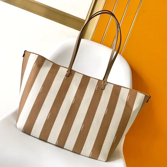 Fendi Crystalia Tote Brown White Stripe Tote Bag