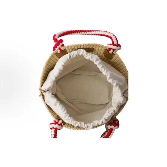 Prada Woven Raffia Top Handle Basket Bag Beige Red White Top Handle