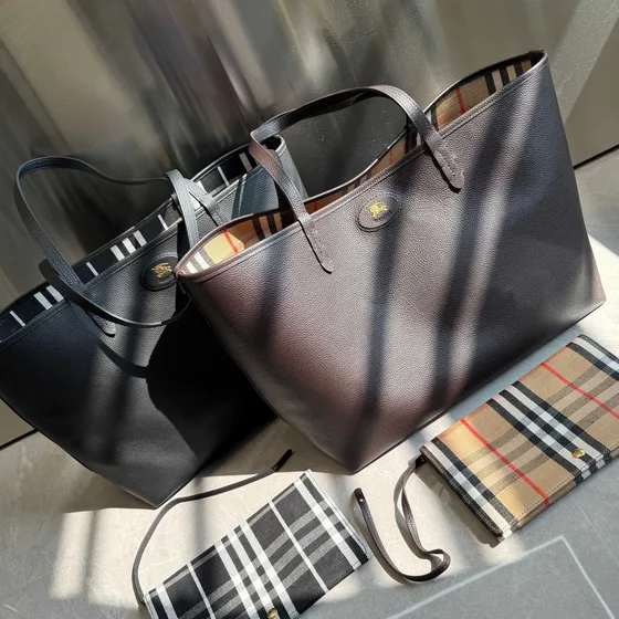 Burberry Grainy Leather Check Tote Bag Dark Taupe Tote Bag