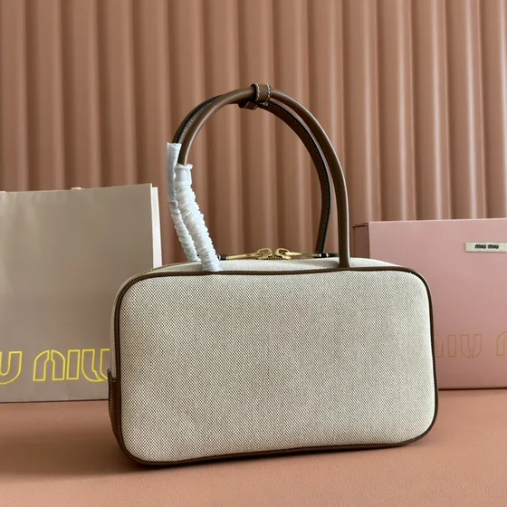 Miu Miu Canvas Top Handle Bag Beige Brown Top Handle