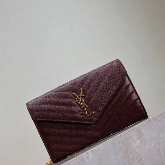 YSL Cassandre Envelope Chain Lommebok Burgunder Woc