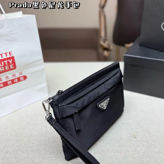 Prada Nylon Pouch Wristlet Black Clutch