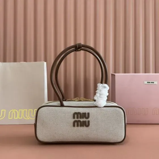 Miu Miu Canvas Leather Top Handle Bag Beige With Brown Trim Top Handle