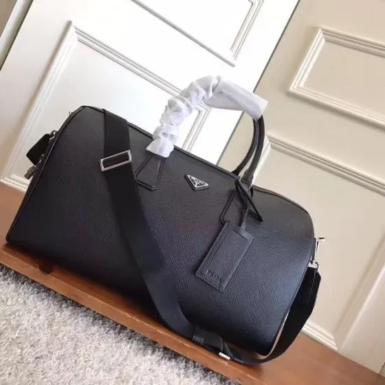 Prada Saffiano Leather Travel Duffle Bag Black Top Handle