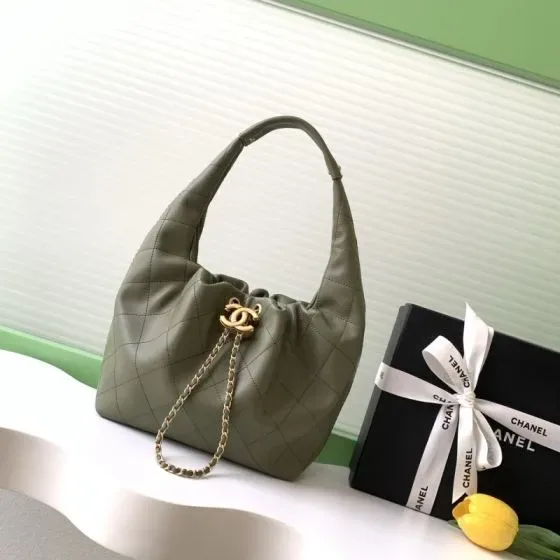 Chanel Quilted Cc Hobo Bag Army Green Hobo