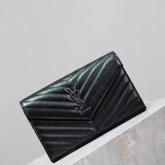 YSL Cassandre Matelassé Chevron Envelope Wallet On Chain Hitam Woc