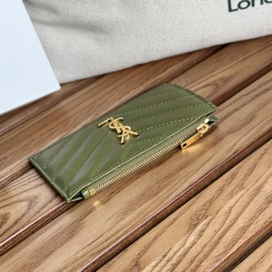 YSL Cassandre Matelassé Fragments Zipped Card Case Olive أخضر Card Holder