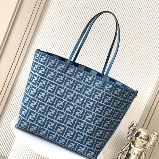 Fendi Roll Large Tote Striped Leinwand Blau Grau Shoppertasche