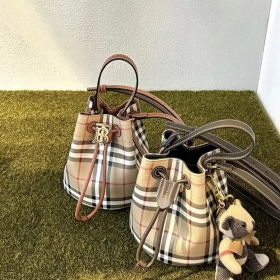 Burberry Check Drawstring Bucket Bag Vintage Check Beige Crossbody
