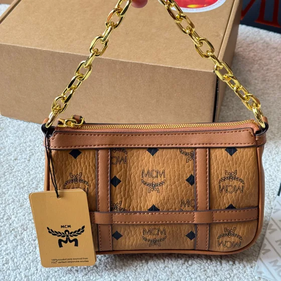 MCM Aren Visetos Chain Crossbody Necessaire Cognac Crossbody
