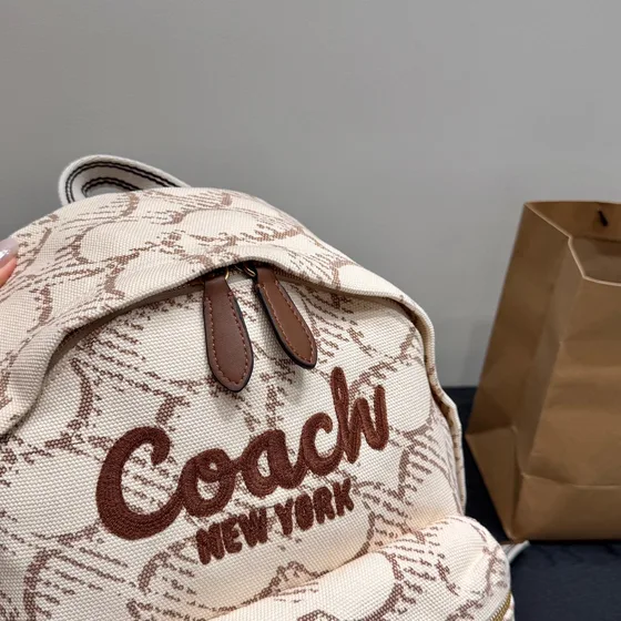 Coach Signature Lona Mochila With Coach New York Script Bege/Marrom Mochila