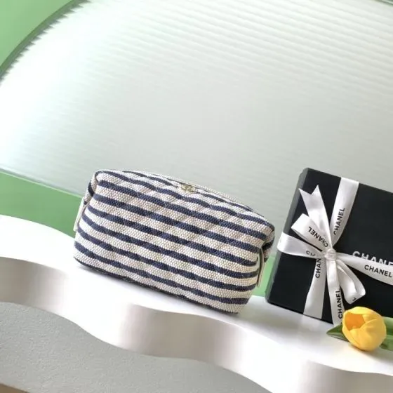 Chanel Cosmetic Pouch Navy Blue And White Clutch
