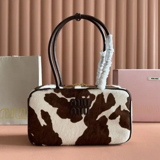 Miu Miu Beau Top Handle Bag Brown And White Cow Print Top Handle