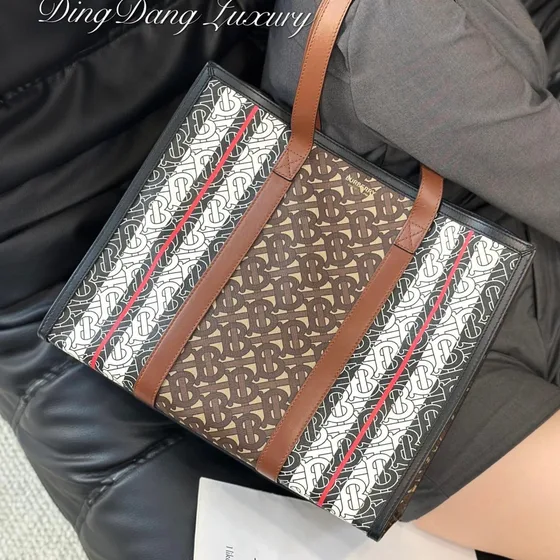 Burberry Monogram Stripe E-Vải bạt Tote Bag Nâu Tote Bag