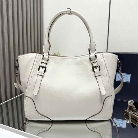 Prada Leather Top Handle Tote With Shoulder Strap White Tote Bag