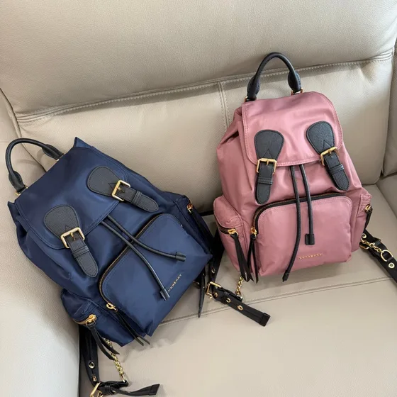 Burberry The Medium Rucksack In Technical Nylon And Leather Navy Blue Dusty Pink Backpack