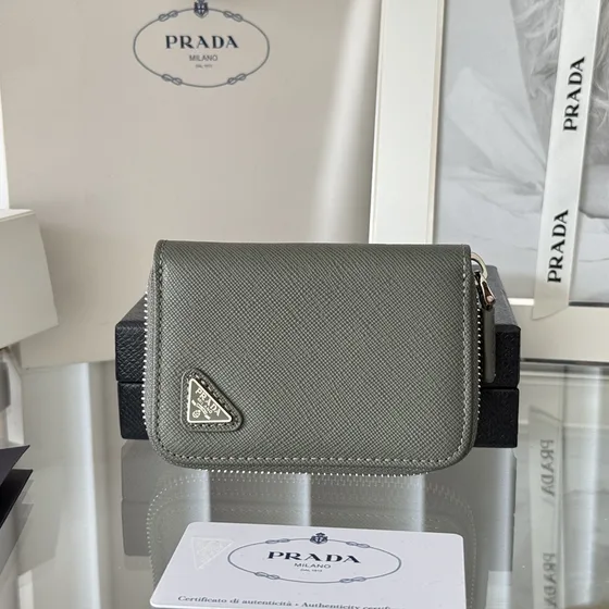 Prada Saffiano Triangle Logo Zip Card Holder Gray Card Holder