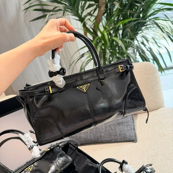Prada Leather Top Handle Bag With Buckle Straps Black Top Handle