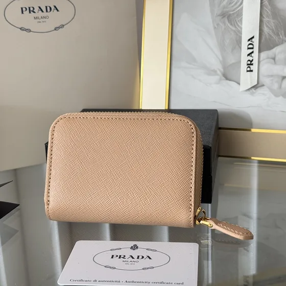 Prada Saffiano Metal Zip Around Coin Purse Beige Coin Purse