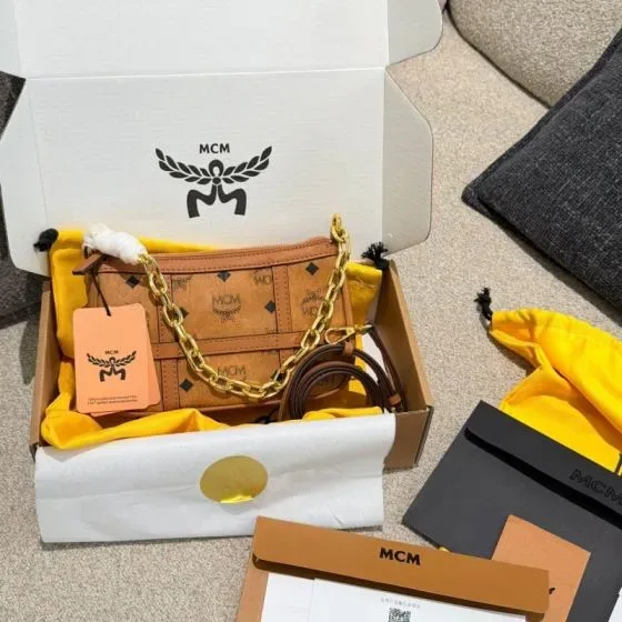 MCM Aren Visetos Chain Pouch Cognac Brown Crossbody