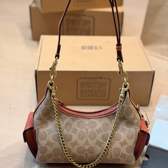 Coach Juno Bag In Signature Lona Bege/Laranja Crossbody