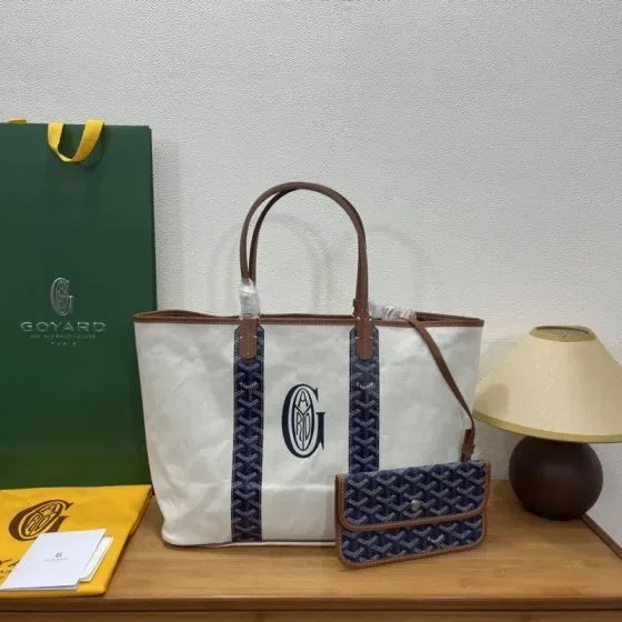 Goyard Saint Louis White With Navy Goyardine Trim Tote Bag