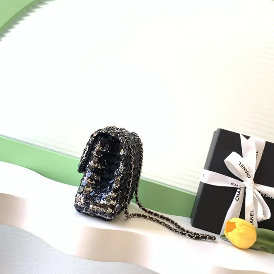 Chanel Classic Flap Black Silver Sequins Shoulder Bag