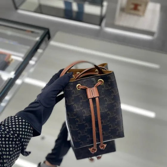 Celine Triomphe Парусина Small Drawstring Bag Dark Коричневый Crossbody