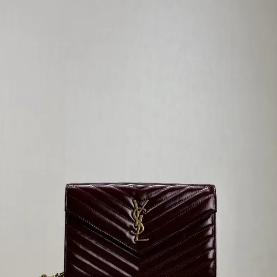 YSL Cassandre Matelass Envelope Chain Wallet Burgundy Woc