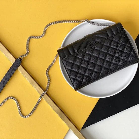 YSL Cassandre Matelass Envelope Chain Wallet Black Woc